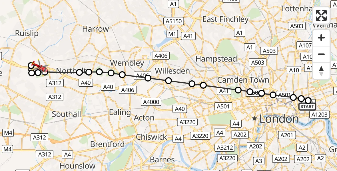 Flight path map showing Air Ambulance Helicopter route from Royal London Hospital to RAF Northolt
