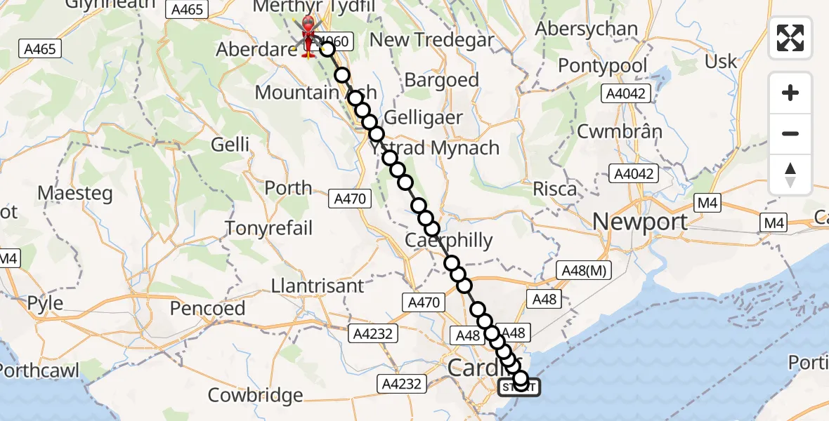 Flight path map showing Air Ambulance Helicopter route from Cardiff Heliport to Abercanaid