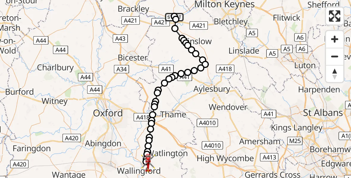 Flight path map showing Air Ambulance Helicopter route from Buckingham to RAF Benson