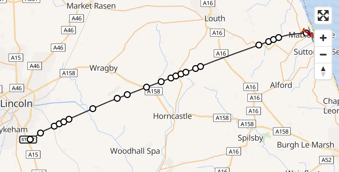 Flight path map showing Air Ambulance Helicopter route from RAF Waddington to Mablethorpe