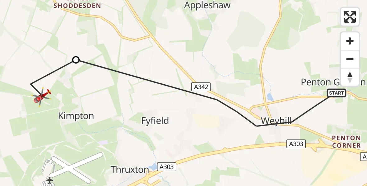 Flight path map showing Air Ambulance Helicopter route from Penton Grafton to Kimpton