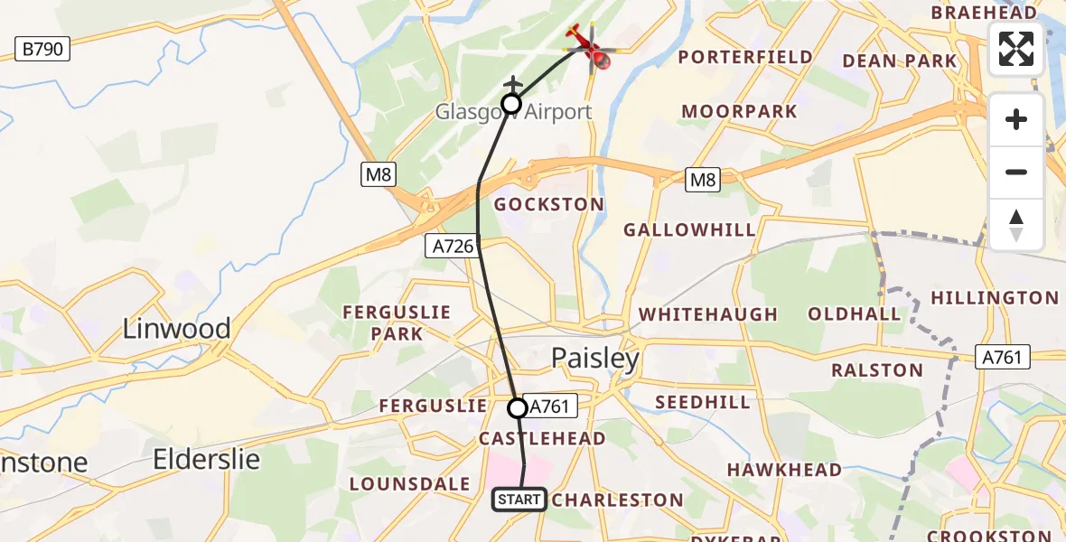 Flight path map showing Air Ambulance Helicopter route from Royal Alexandria Hospital Paisley to Glasgow Airport