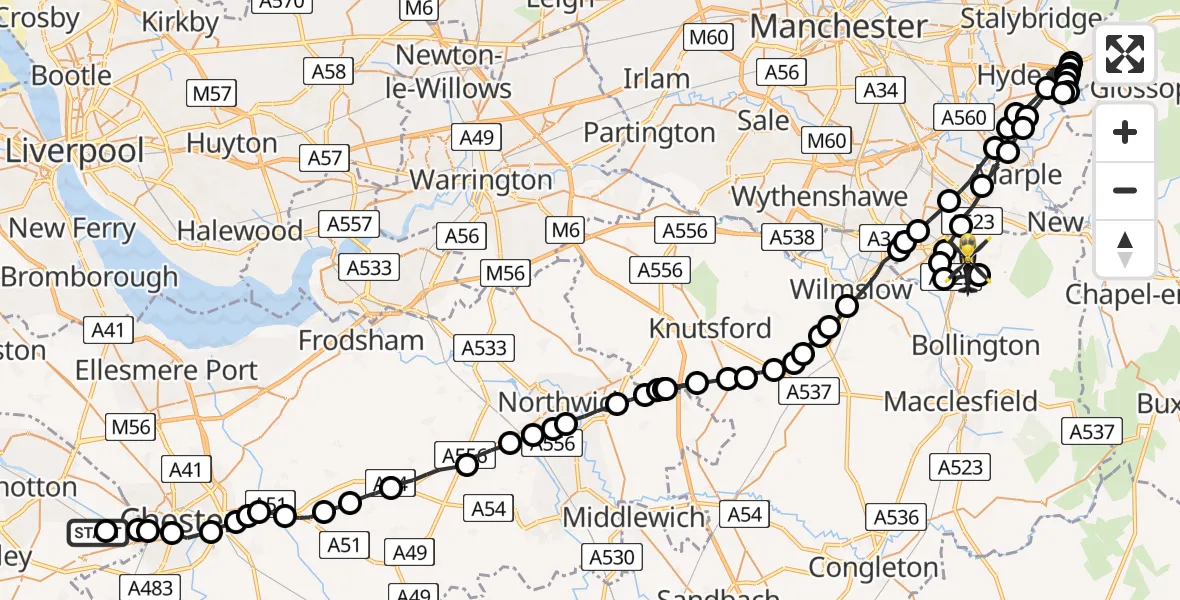 Flight path map showing Police Helicopter route from Hawarden Airport to Poynton