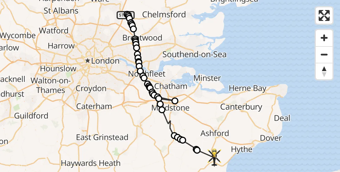 Flight path map showing Police Helicopter route from North Weald Bassett to Brenzett
