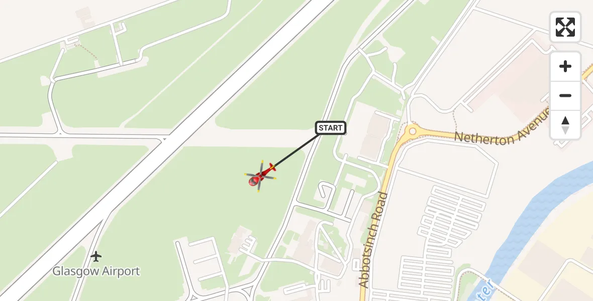 Flight path map showing Air Ambulance Helicopter route from Glasgow Airport to Glasgow Airport