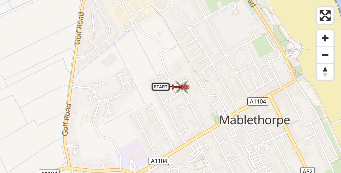 Flight path map showing Air Ambulance Helicopter route from Mablethorpe to Mablethorpe