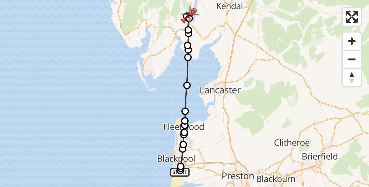 Flight path map showing Air Ambulance Helicopter route from Blackpool Airport to Finsthwaite