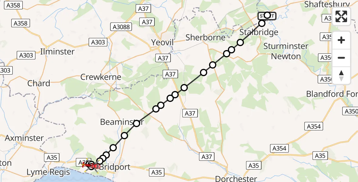 Flight path map showing Air Ambulance Helicopter route from Henstridge Airfield to North Chideock