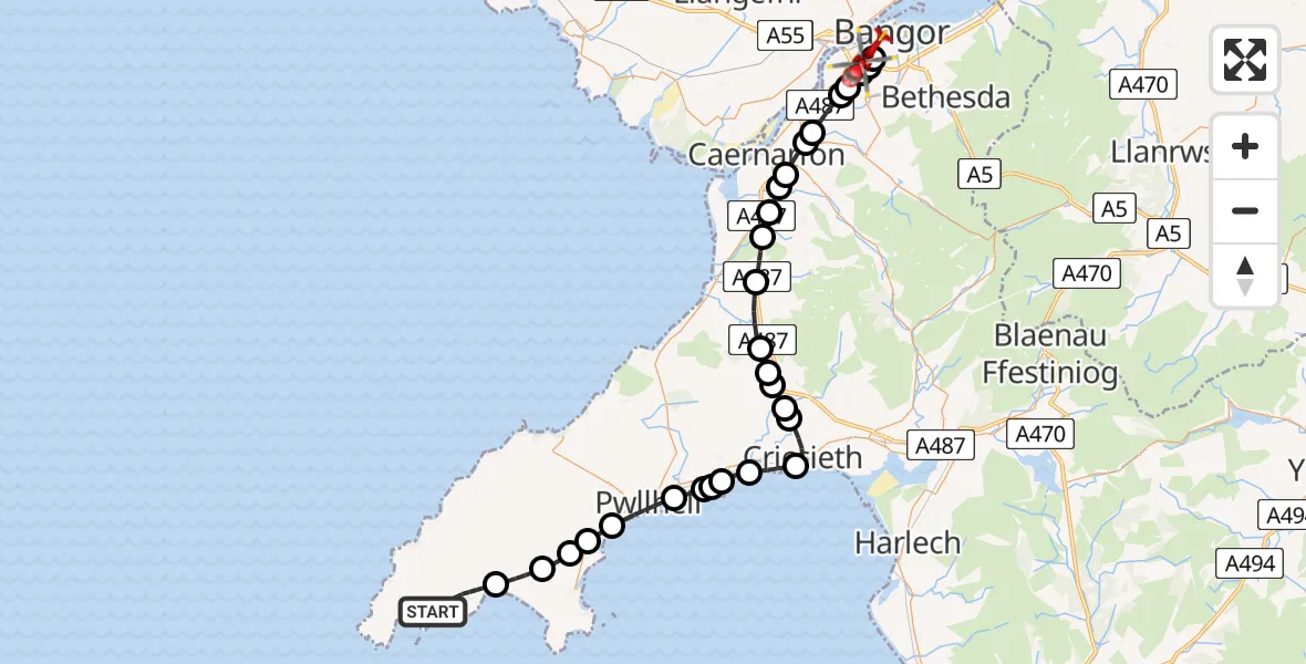 Flight path map showing Air Ambulance Helicopter route from Aberdaron to Bangor