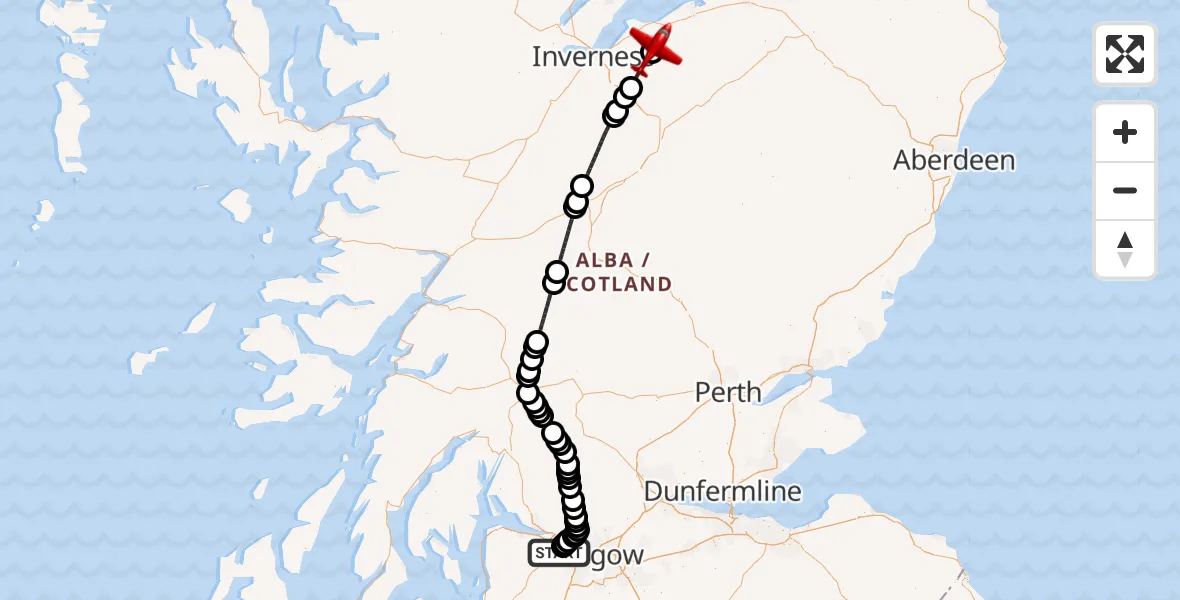 Flight path map showing Air Ambulance Aircraft route from Glasgow Airport to Bruachmary