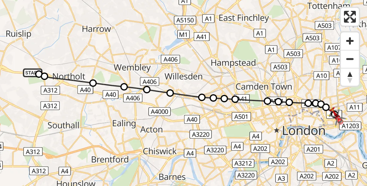 Flight path map showing Air Ambulance Helicopter route from RAF Northolt to Royal London Hospital