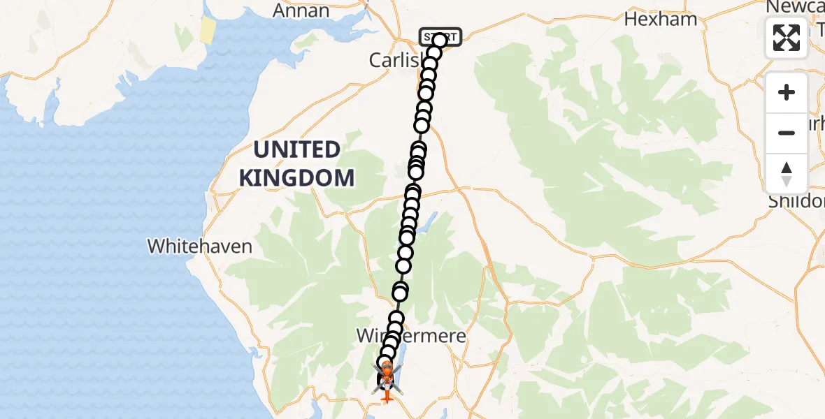 Flight path map showing Coastguard Helicopter route from Carlisle Lake District Airport to Finsthwaite
