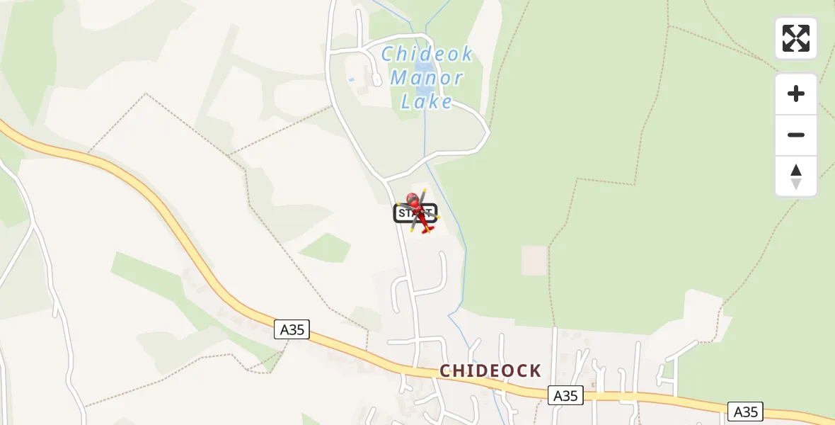 Flight path map showing Air Ambulance Helicopter route from North Chideock to North Chideock