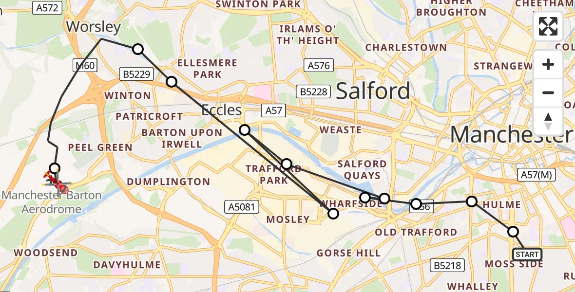Flight path map showing Air Ambulance Helicopter route from Moss Side to Manchester Barton Aerodrome