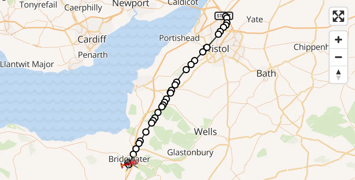 Flight path map showing Air Ambulance Helicopter route from Almondsbury Helicopter Base to Bridgwater