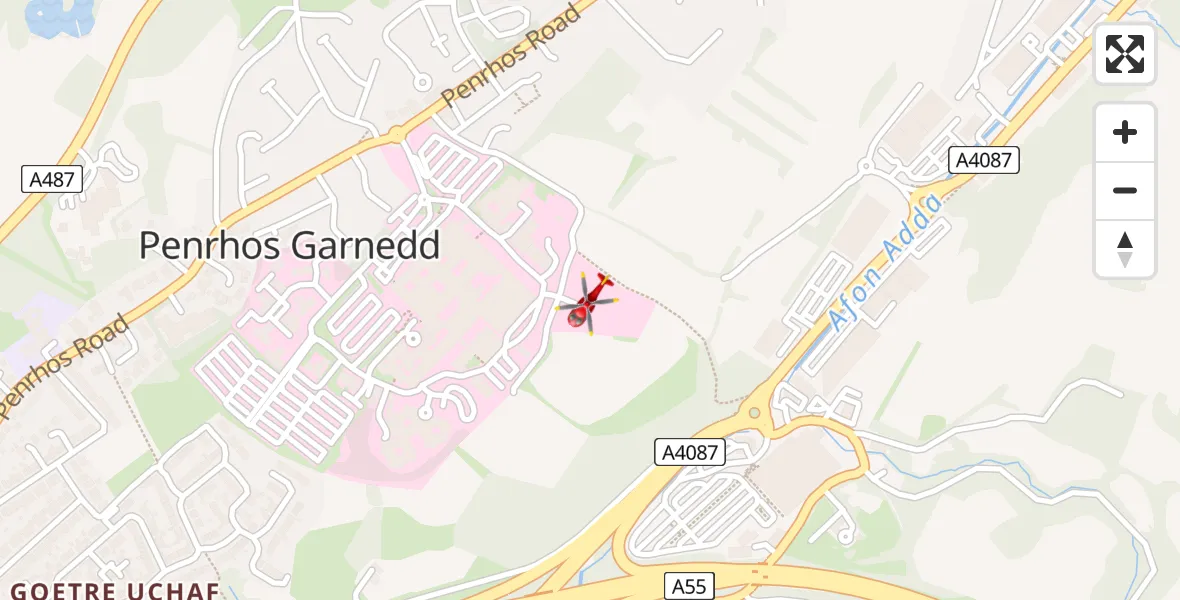 Flight path map showing Air Ambulance Helicopter route from Ysbyty Gwynedd Hospital Heliport to Ysbyty Gwynedd Hospital Heliport
