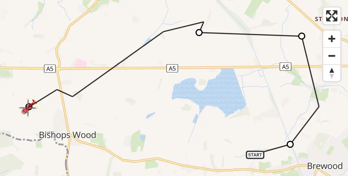 Flight path map showing Air Ambulance Helicopter route from Bishops Wood to Weston under Lizard