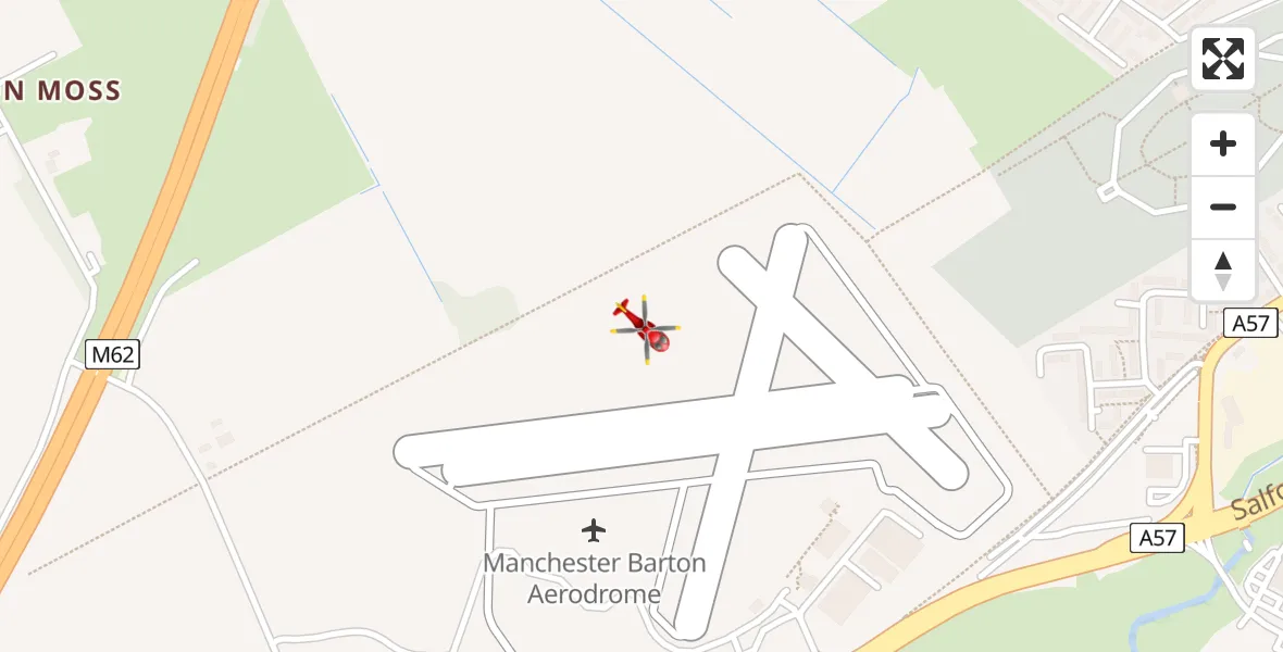 Flight path map showing Air Ambulance Helicopter route from Manchester Barton Aerodrome to Manchester Barton Aerodrome