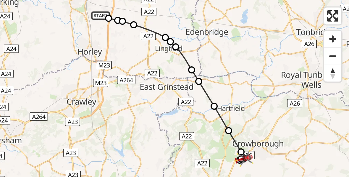 Flight path map showing Air Ambulance Helicopter route from Redhill Aerodrome to Crowborough