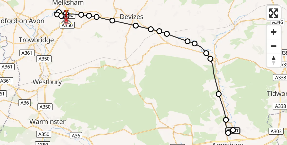 Flight path map showing Air Ambulance Helicopter route from Durrington to Wiltshire Air Ambulance
