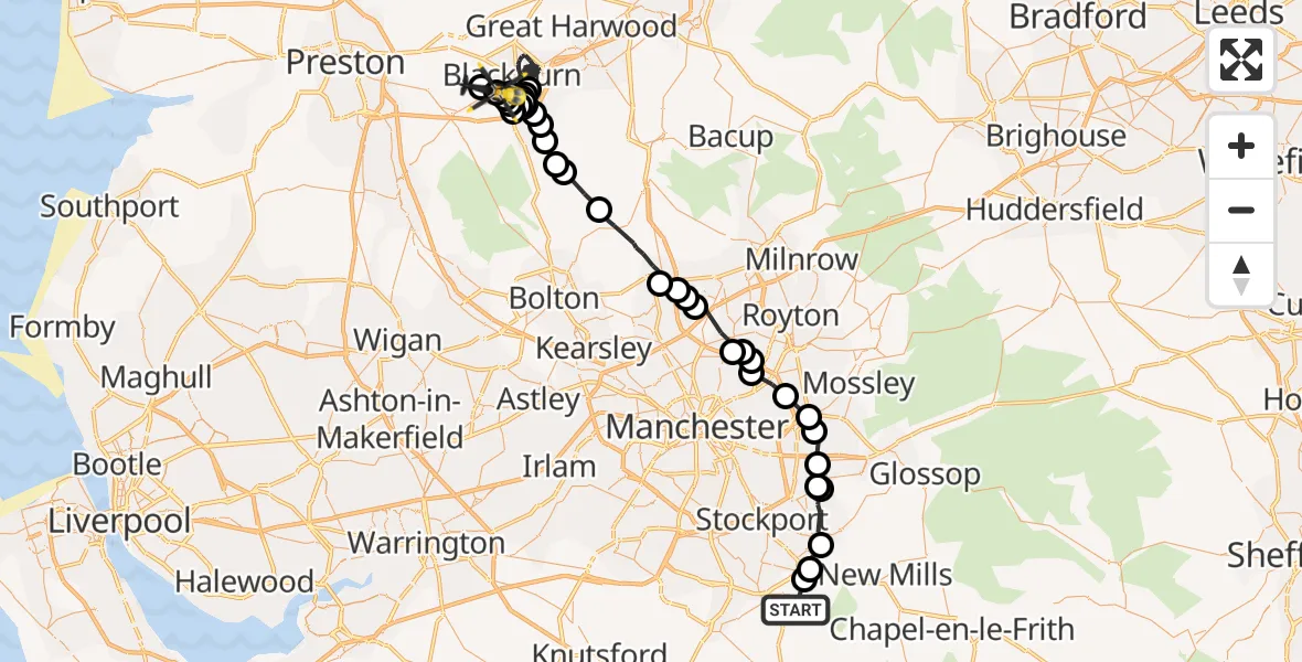Flight path map showing Police Helicopter route from Poynton to Blackburn