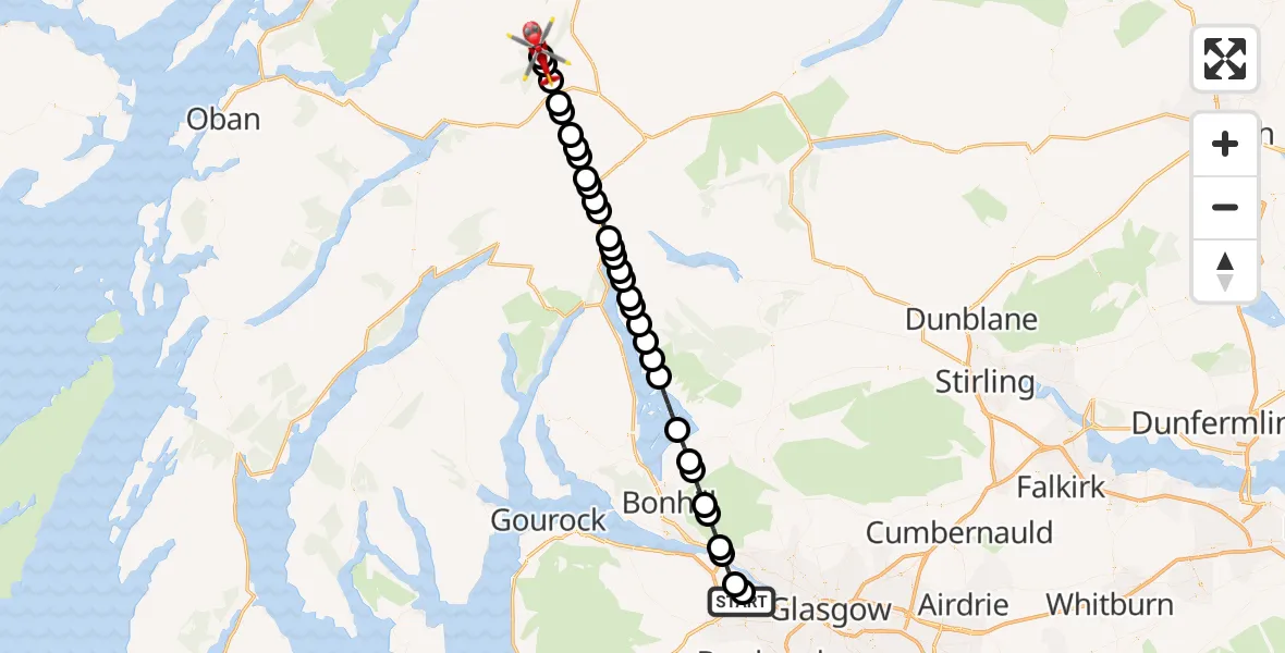 Flight path map showing Air Ambulance Helicopter route from Glasgow Airport to Arichastlich