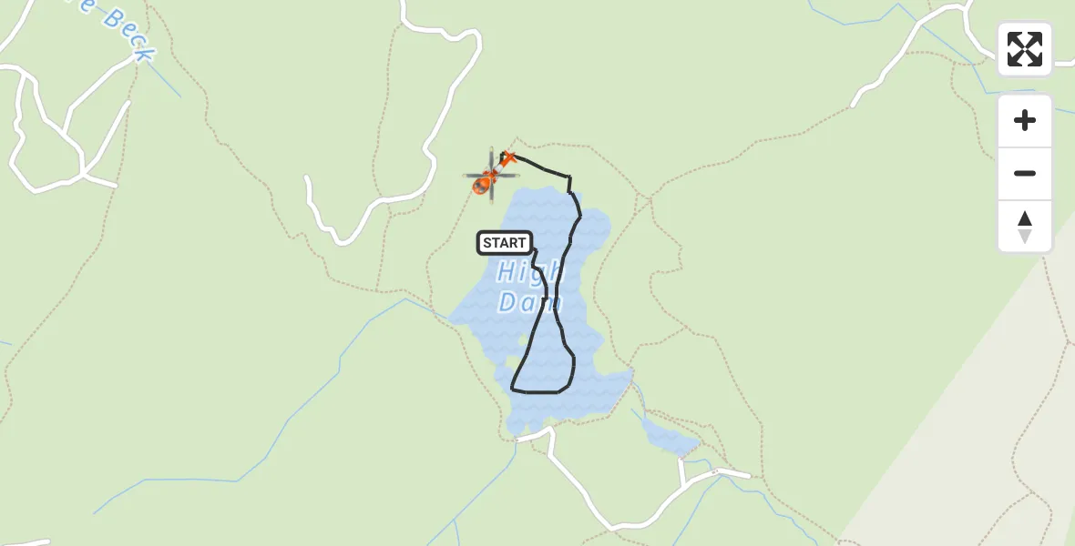 Flight path map showing Coastguard Helicopter route from Finsthwaite to Finsthwaite