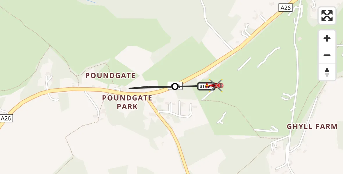 Flight path map showing Air Ambulance Helicopter route from Wealden to Crowborough
