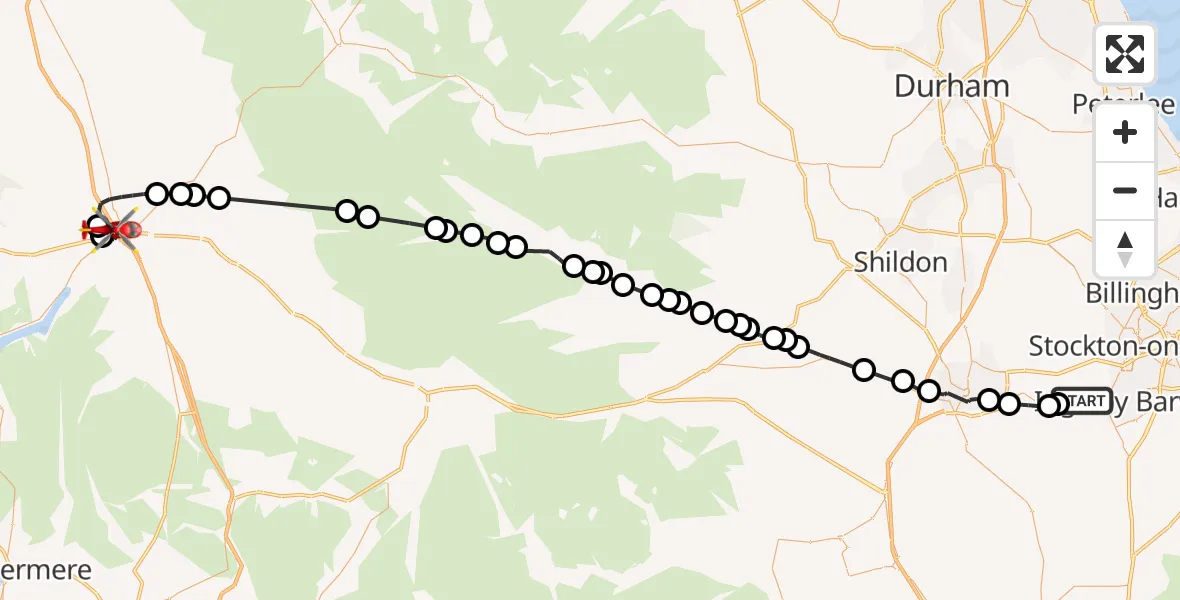 Flight path map showing Air Ambulance Helicopter route from Longnewton to Penrith