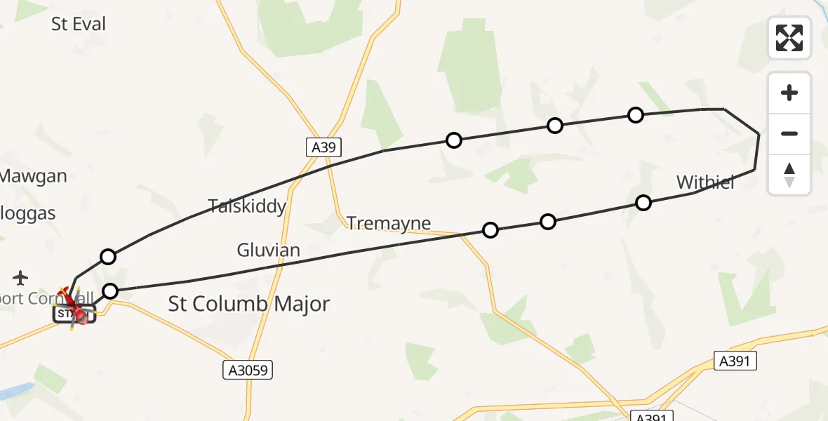 Flight path map showing Air Ambulance Helicopter route from Cornwall Airport Newquay to Cornwall Airport Newquay
