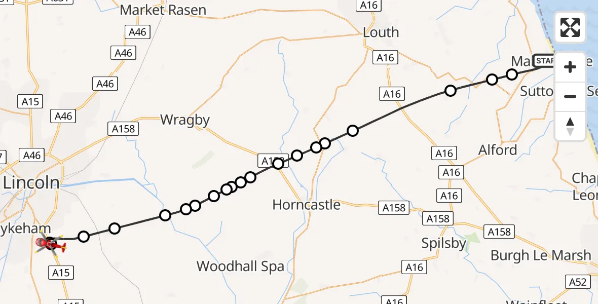 Flight path map showing Air Ambulance Helicopter route from Mablethorpe to North Kesteven