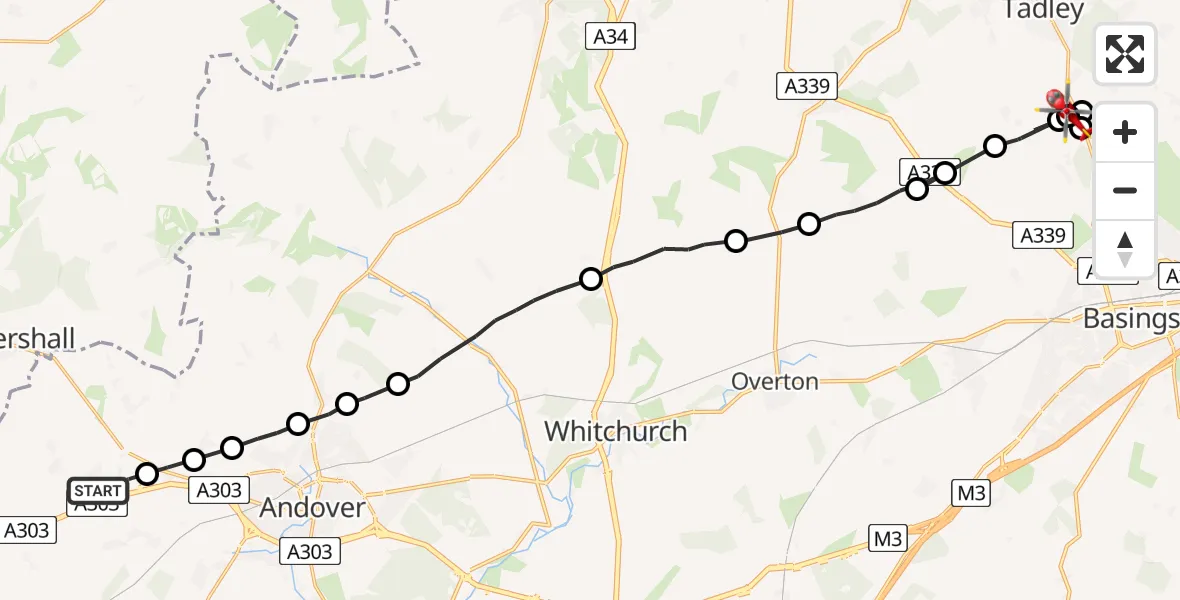 Flight path map showing Air Ambulance Helicopter route from Fyfield to Little London