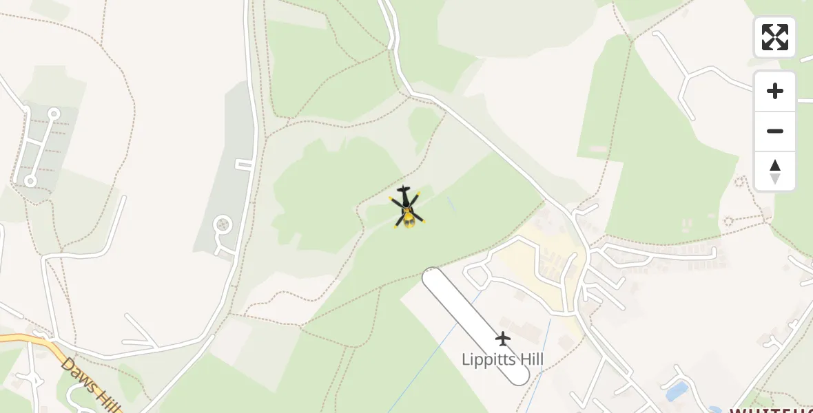 Flight path map showing Police Helicopter route from Metropolitan Police Air Support Unit Lippitts Hill to Metropolitan Police Air Support Unit Lippitts Hill