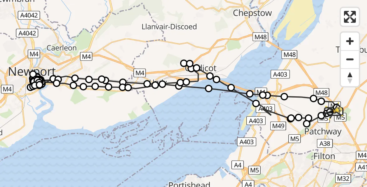 Flight path map showing Police Helicopter route from Almondsbury Helicopter Base to Almondsbury Helicopter Base