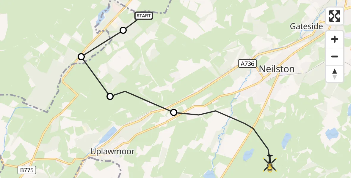 Flight path map showing Police Helicopter route from East Renfrewshire to Neilston
