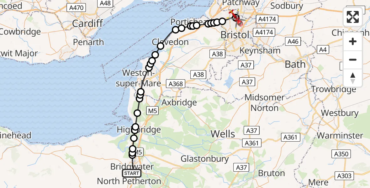 Flight path map showing Air Ambulance Helicopter route from Bridgwater to Bristol