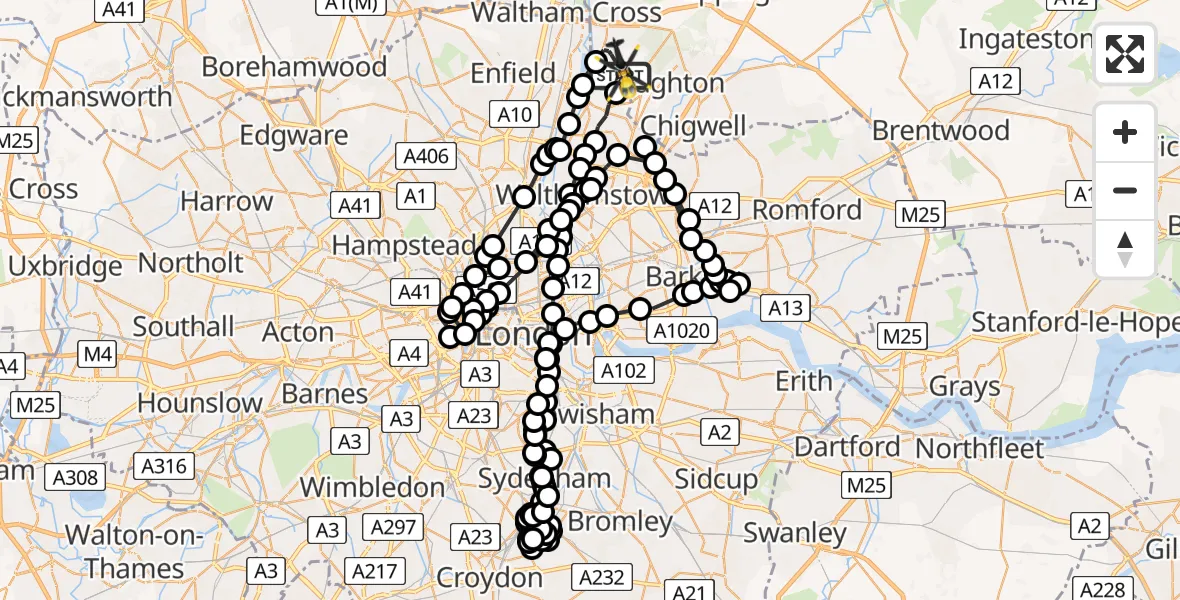 Flight path map showing Police Helicopter route from Metropolitan Police Air Support Unit Lippitts Hill to Metropolitan Police Air Support Unit Lippitts Hill