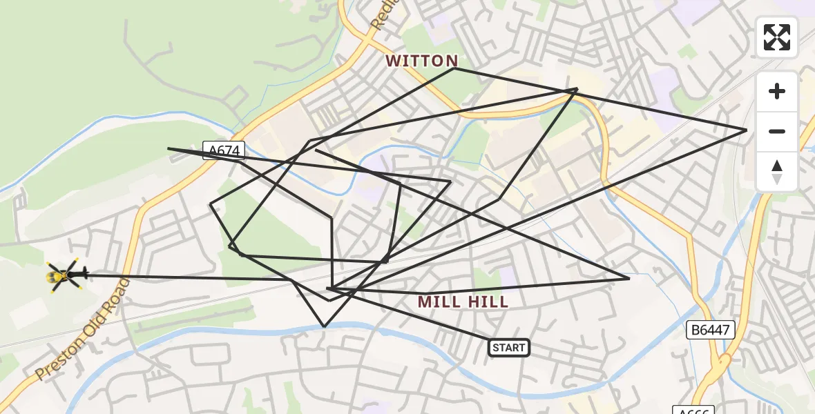 Flight path map showing Police Helicopter route from Blackburn to Blackburn