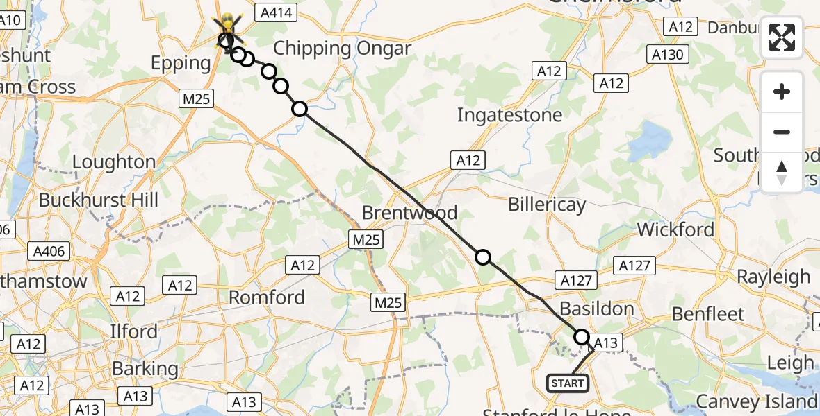 Flight path map showing Police Helicopter route from Stanford-le-Hope to North Weald Bassett