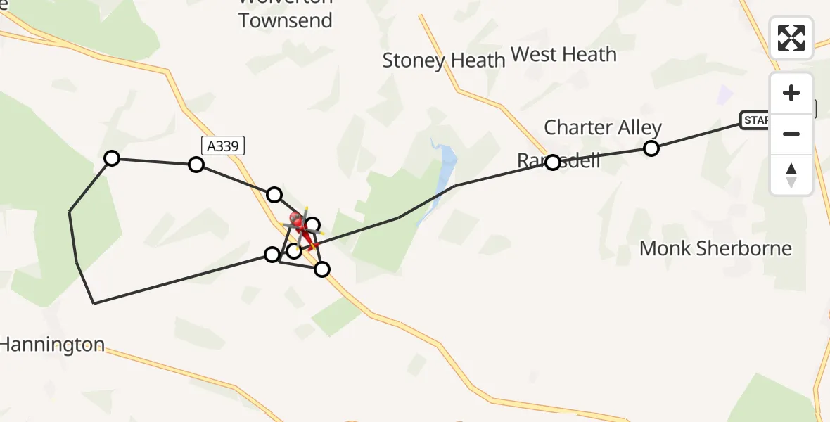 Flight path map showing Air Ambulance Helicopter route from Monk Sherborne to Basingstoke and Deane
