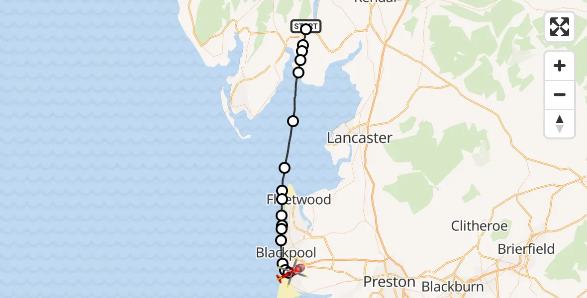 Flight path map showing Air Ambulance Helicopter route from Finsthwaite to Blackpool Airport