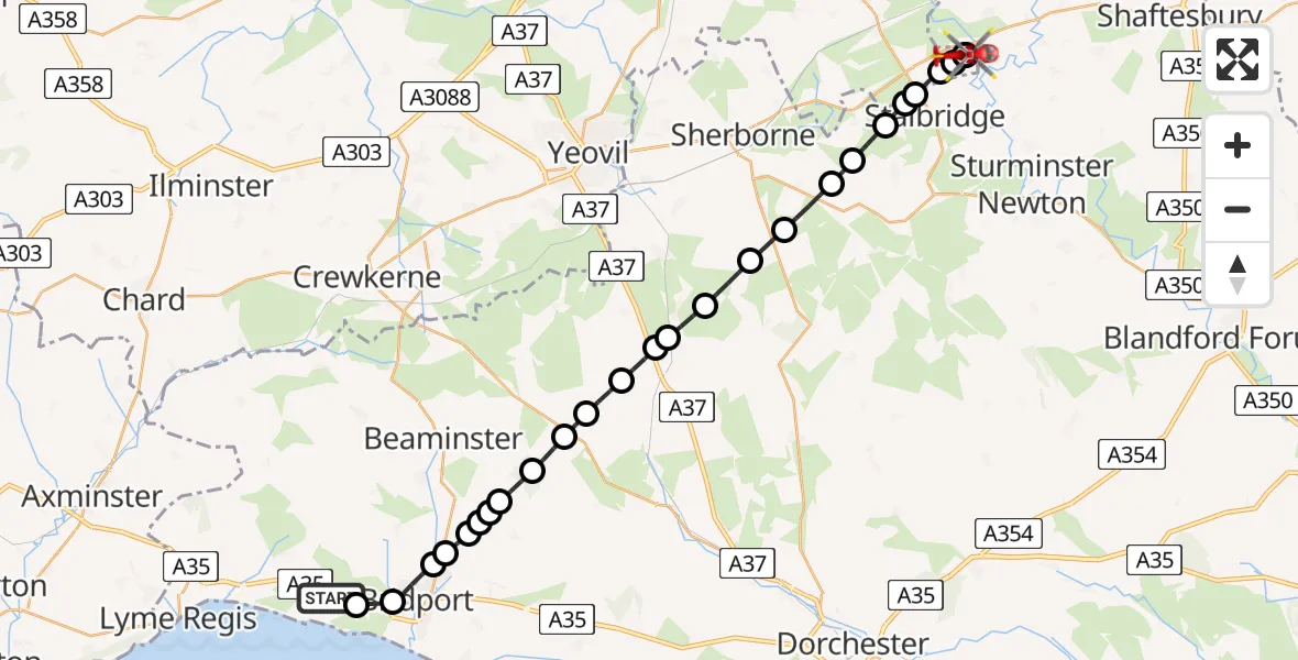 Flight path map showing Air Ambulance Helicopter route from North Chideock to Henstridge Airfield