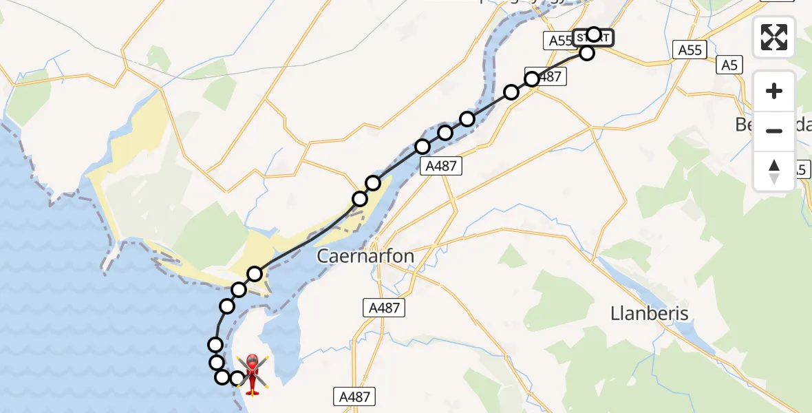 Flight path map showing Air Ambulance Helicopter route from Ysbyty Gwynedd Hospital Heliport to Caernarfon Airport