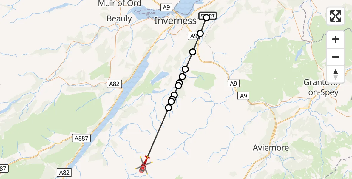 Flight path map showing Air Ambulance Helicopter route from Newlands of Culloden to Highland