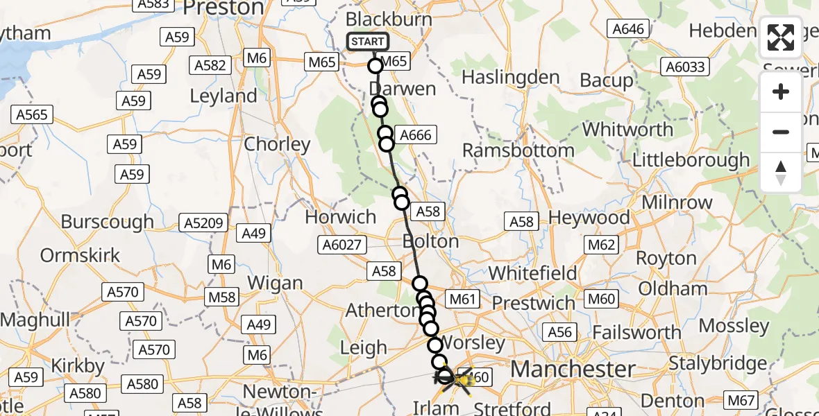 Flight path map showing Police Helicopter route from Blackburn to Irlam