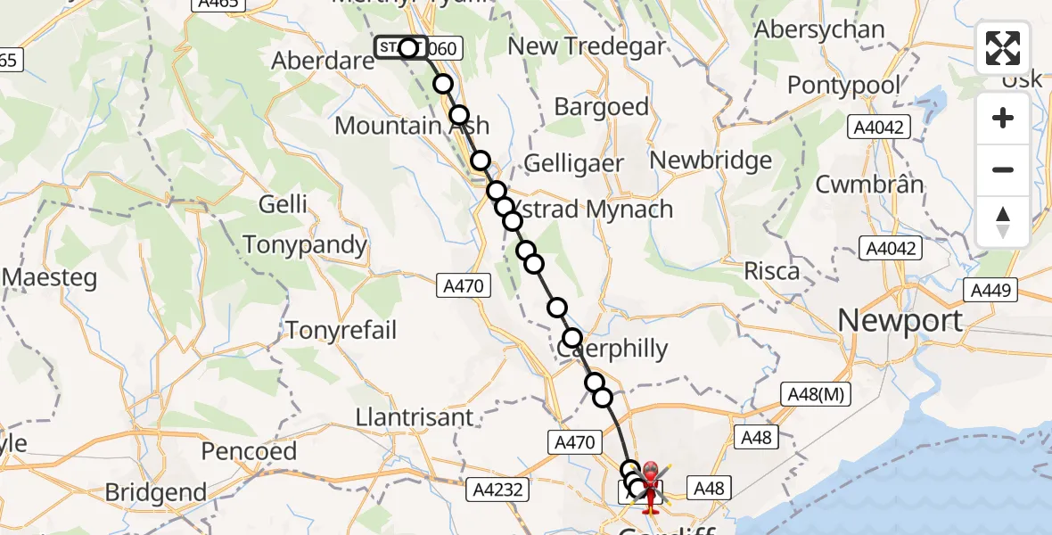 Flight path map showing Air Ambulance Helicopter route from Merthyr Tydfil to Mynachdy