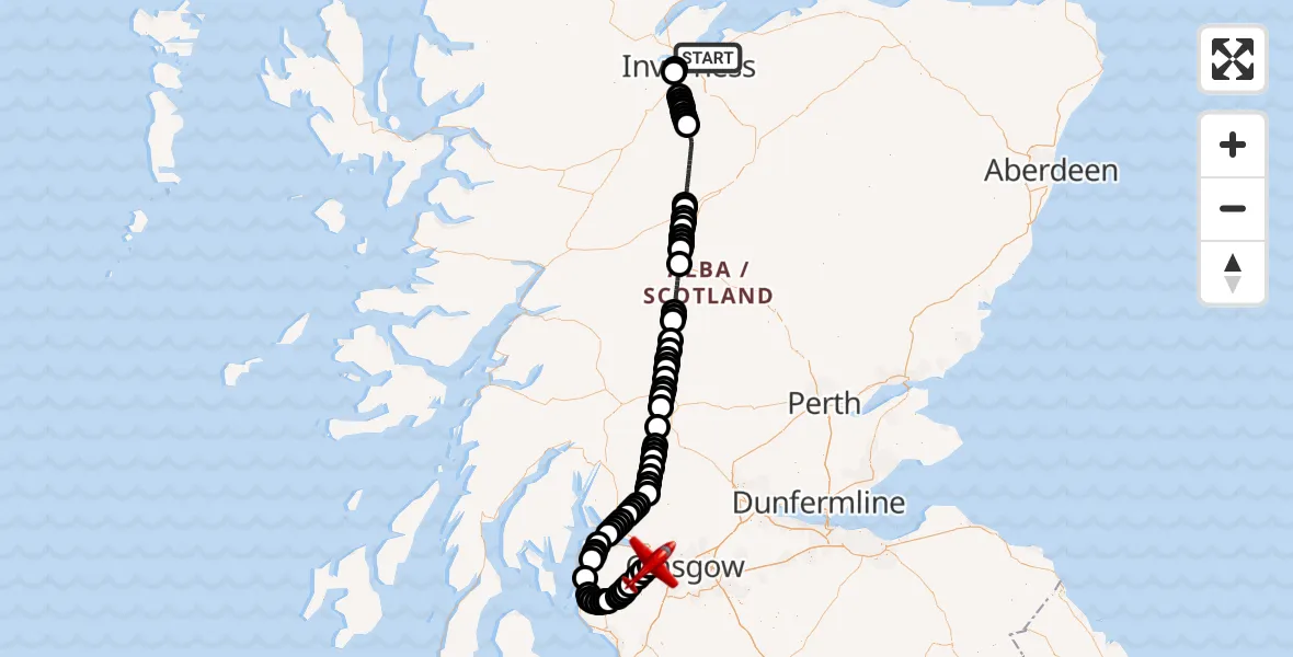 Flight path map showing Air Ambulance Aircraft route from Inverness to Glasgow Airport