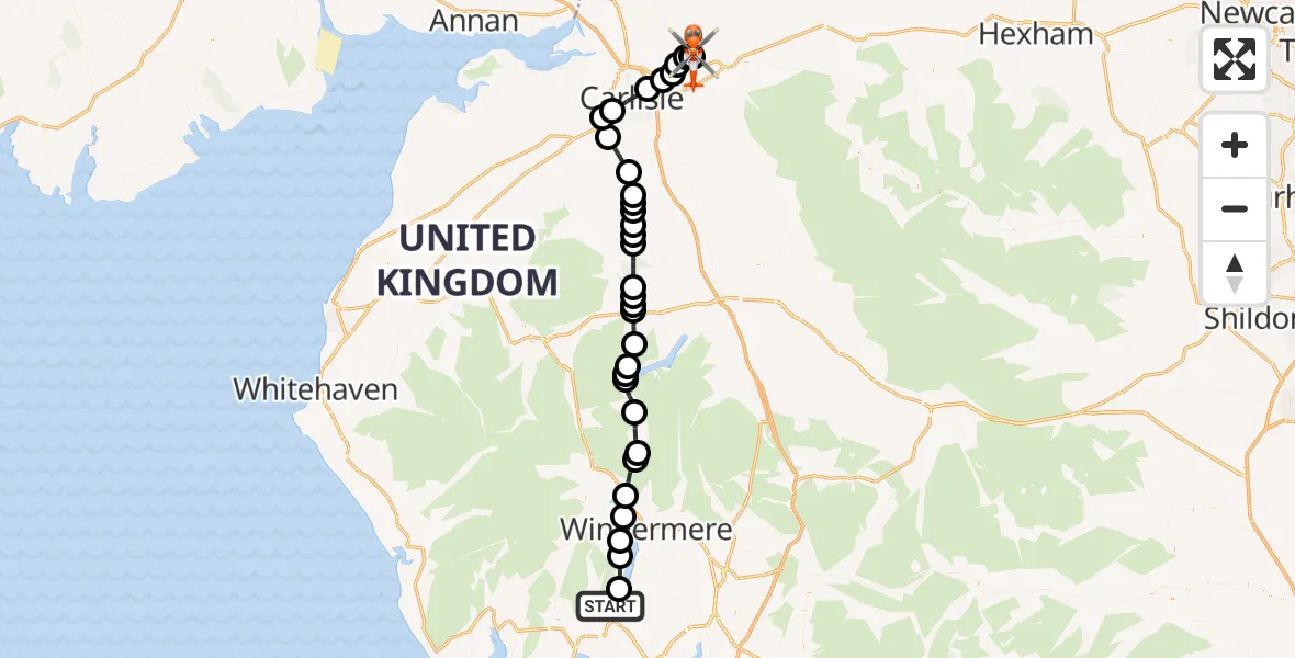 Routekaart van de vlucht: Coastguard Helicopter to Carlisle Lake District Airport