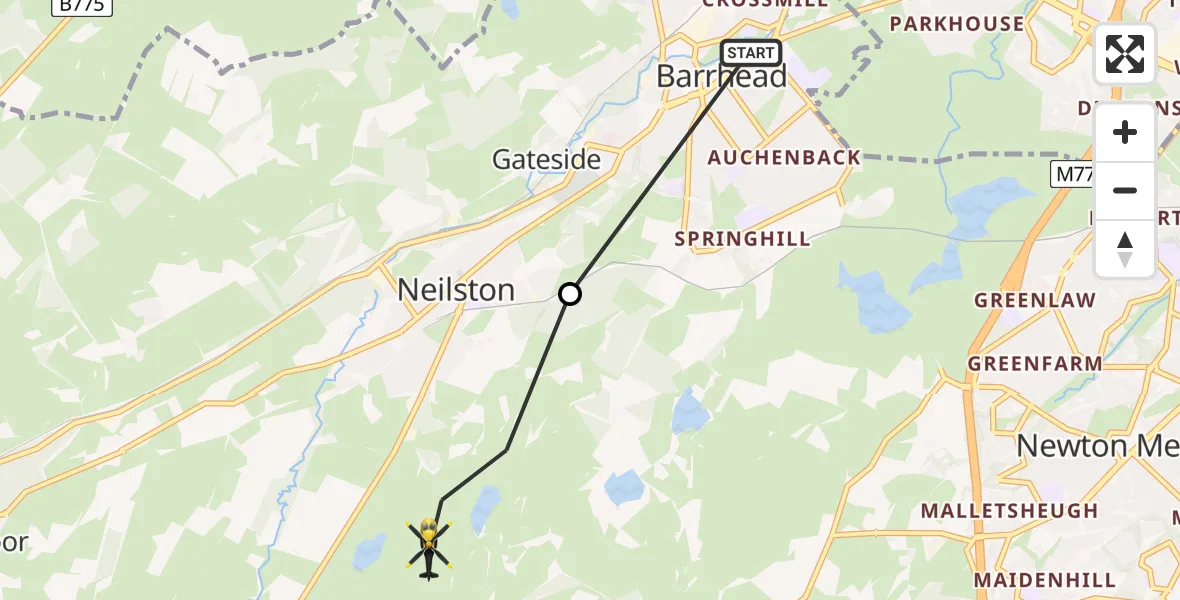 Flight path map showing Police Helicopter route from Barrhead to Neilston