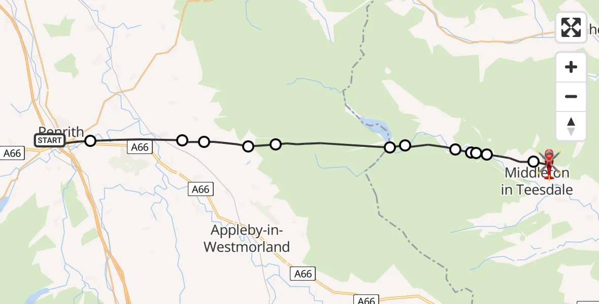 Flight path map showing Air Ambulance Helicopter route from Penrith to Middleton in Teesdale